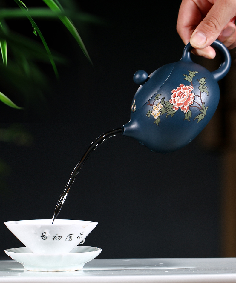 純手工紫砂壺，小巧琺瑯印花紫砂壺